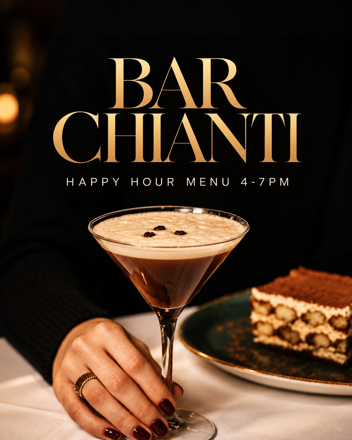 Bar Chianti happy hour menu, 4–7 PM, with an espresso martini and tiramisu